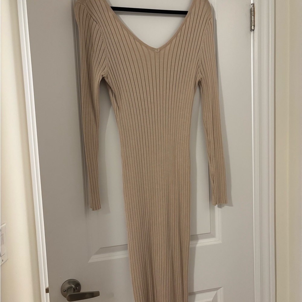Elegant Tan Ribbed Knit Dress midi length